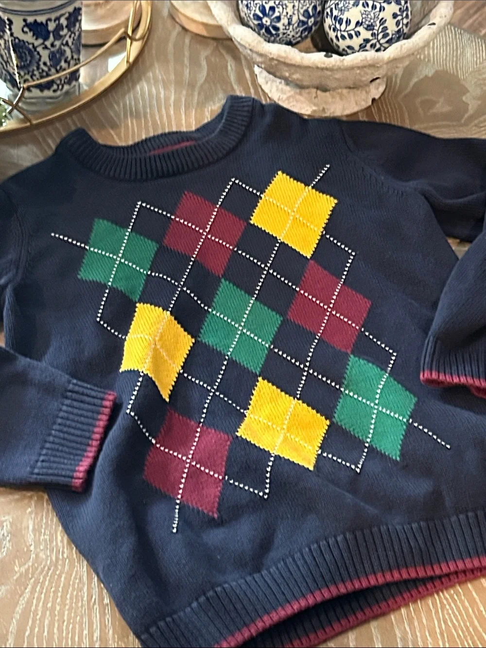 Boys Gymboree Navy Argyle Knit Crewneck Sweater Yellow Green Burgundy Diamonds